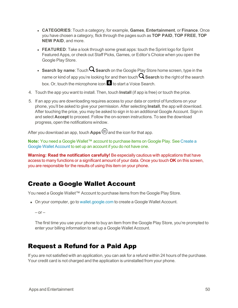 Create a google wallet account, Request a refund for a paid app | Motorola moto G User Manual | Page 57 / 134