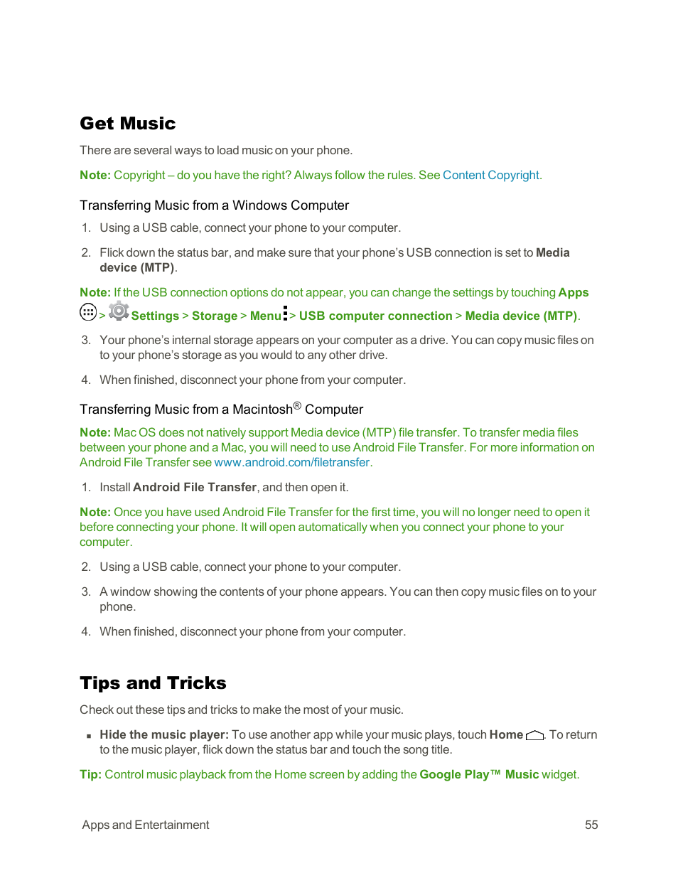 Get music, Tips and tricks | Motorola moto G User Manual | Page 62 / 134