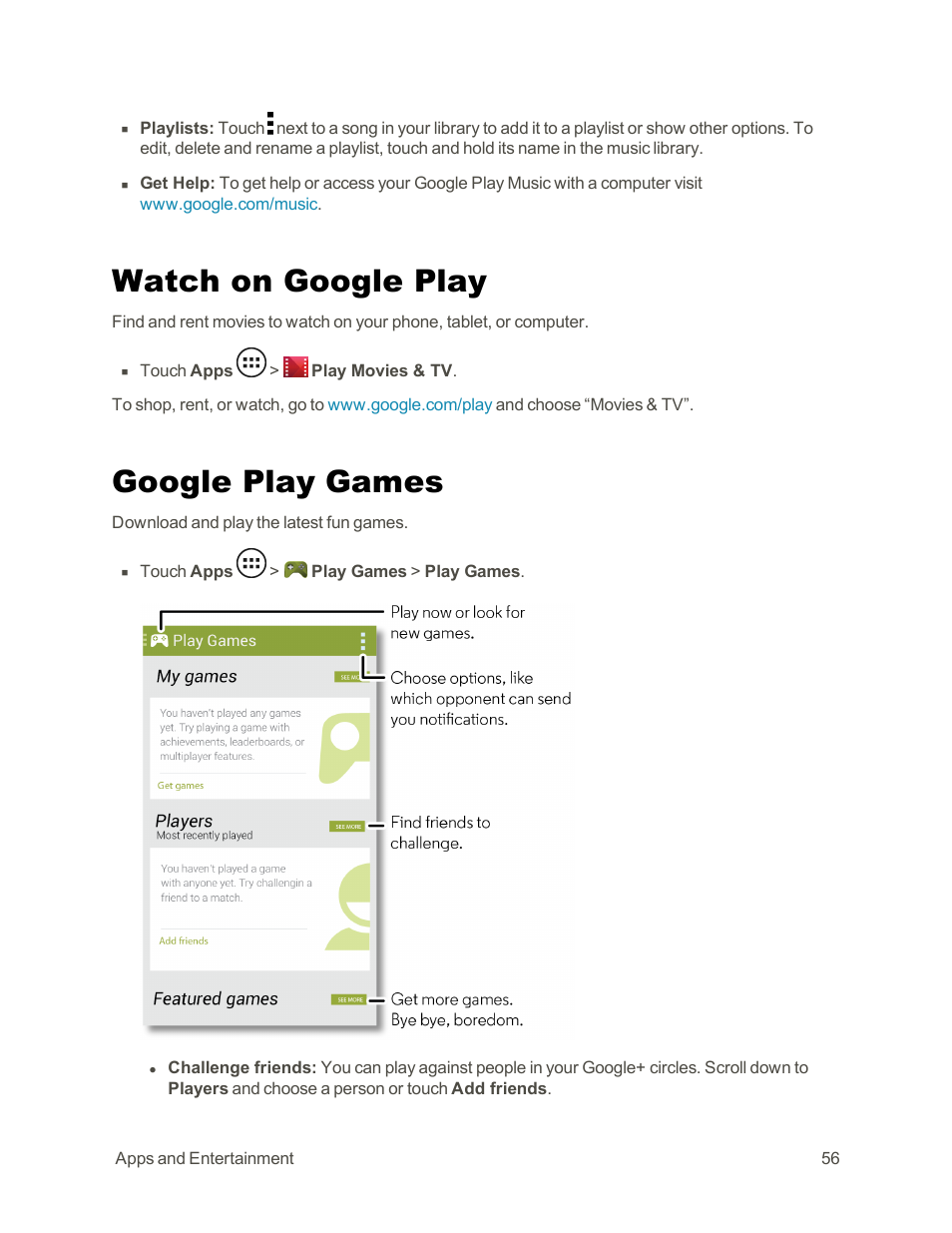 Watch on google play, Google play games | Motorola moto G User Manual | Page 63 / 134