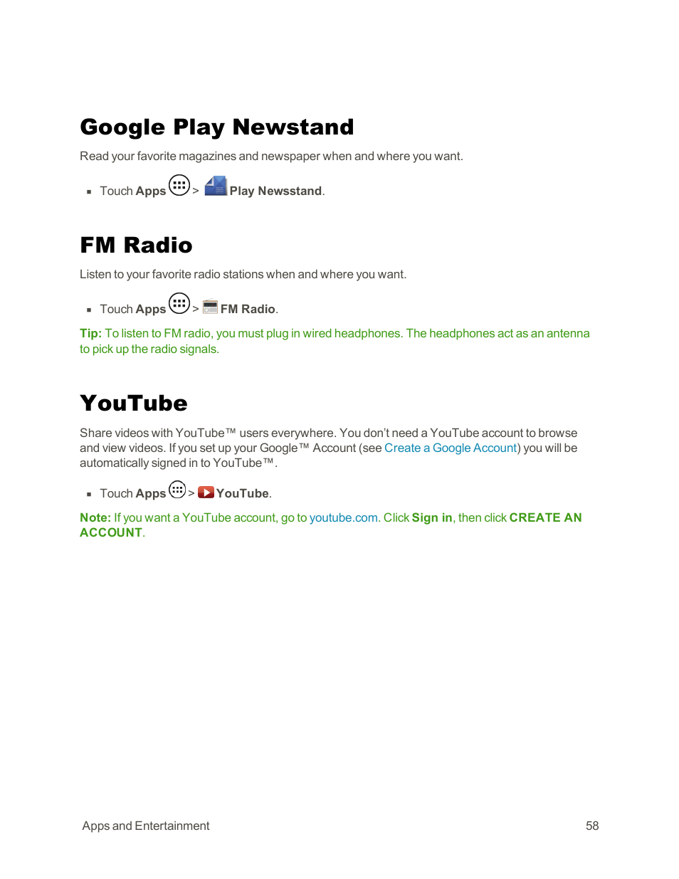 Google play newstand, Fm radio, Youtube | Motorola moto G User Manual | Page 65 / 134