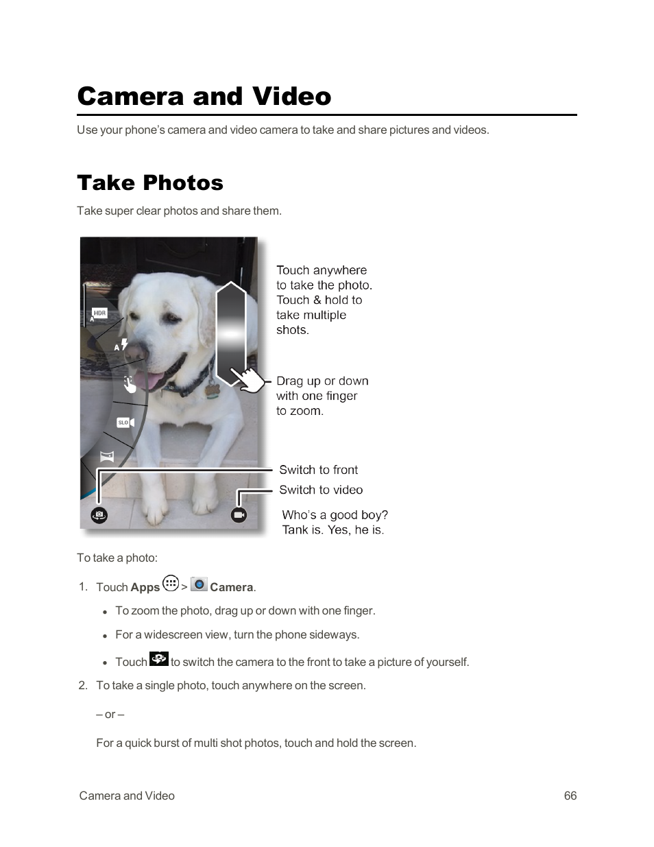 Camera and video, Take photos | Motorola moto G User Manual | Page 73 / 134