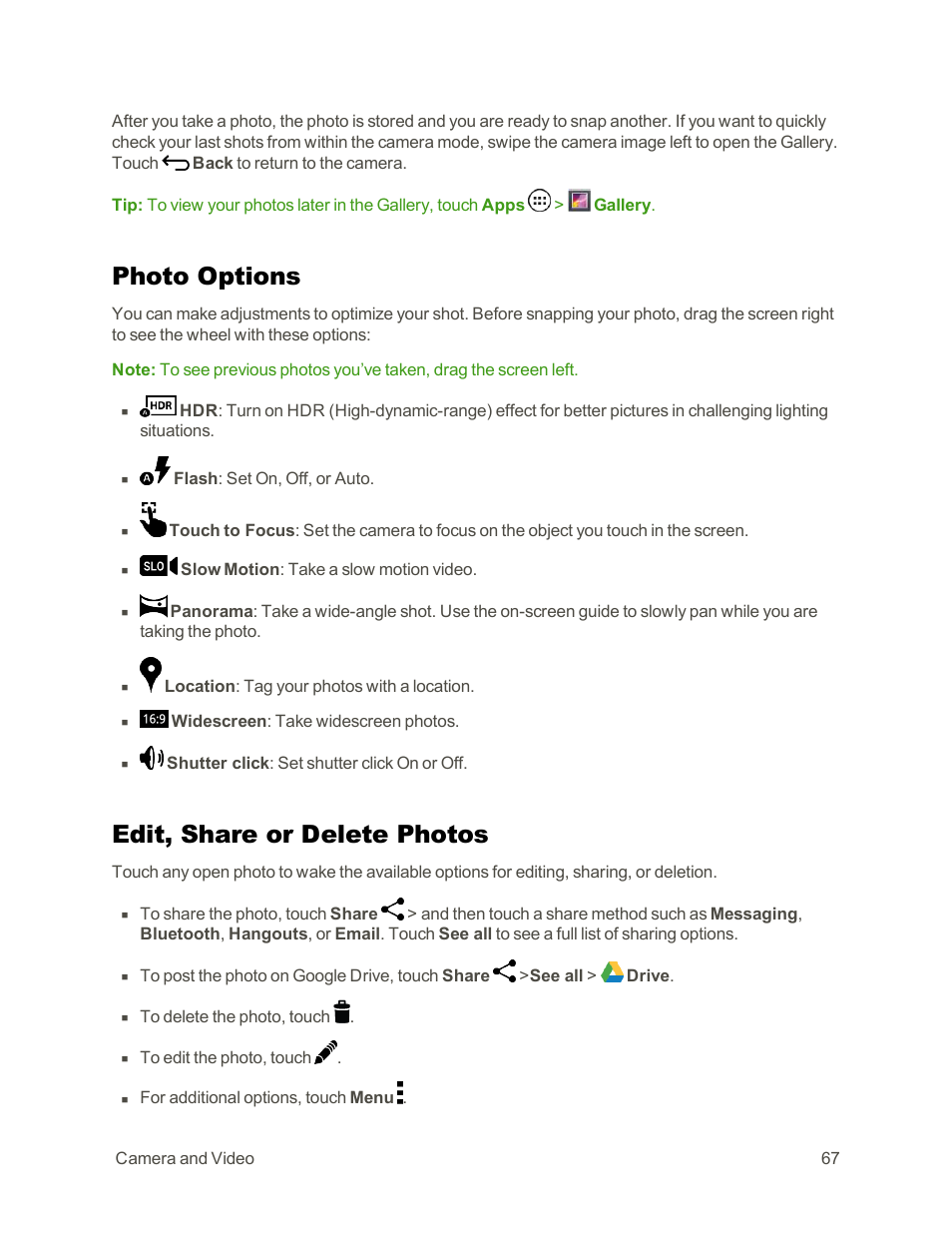 Photo options, Edit, share or delete photos | Motorola moto G User Manual | Page 74 / 134