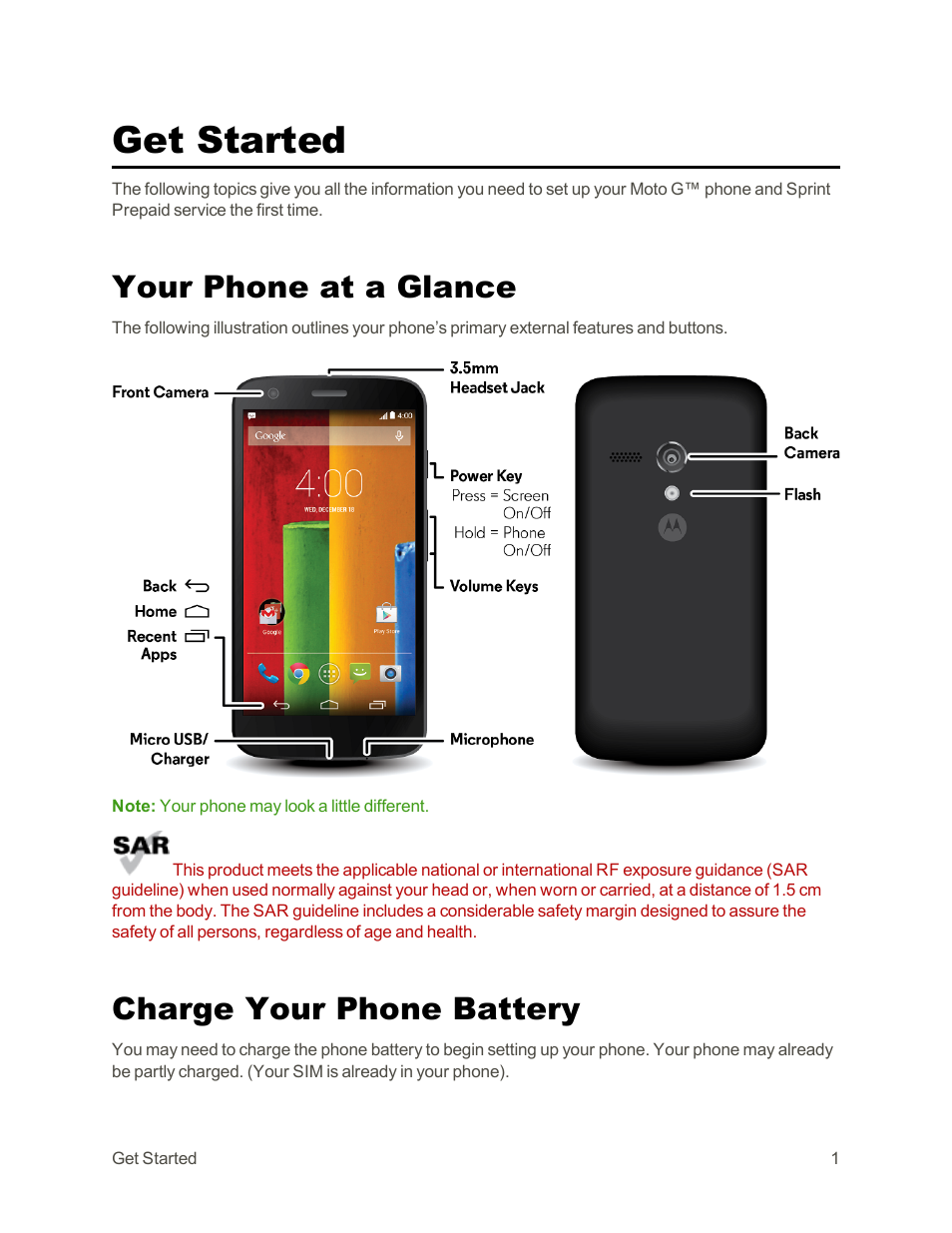 Get started, Your phone at a glance, Charge your phone battery | Motorola moto G User Manual | Page 8 / 134