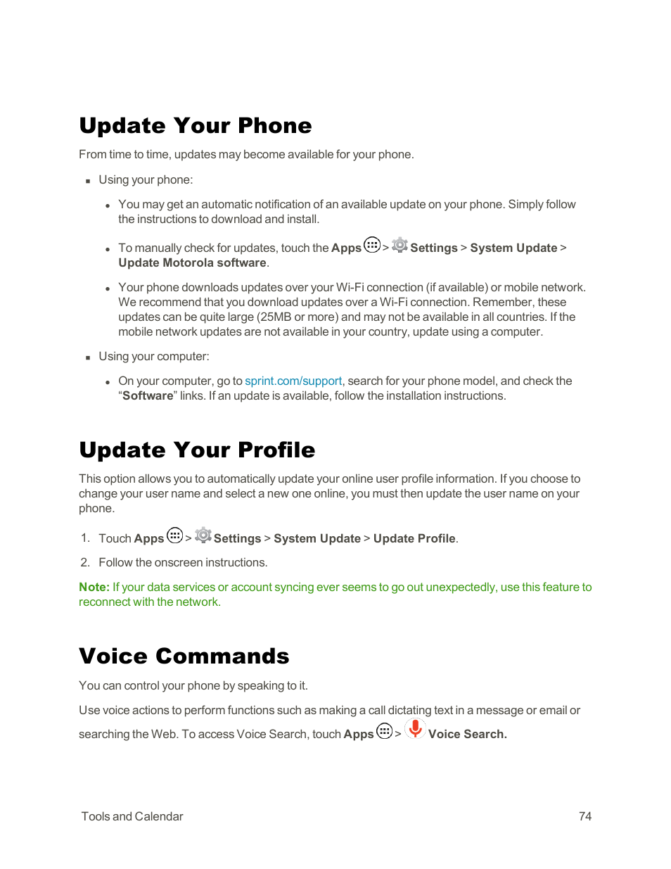 Update your phone, Update your profile, Voice commands | Motorola moto G User Manual | Page 81 / 134