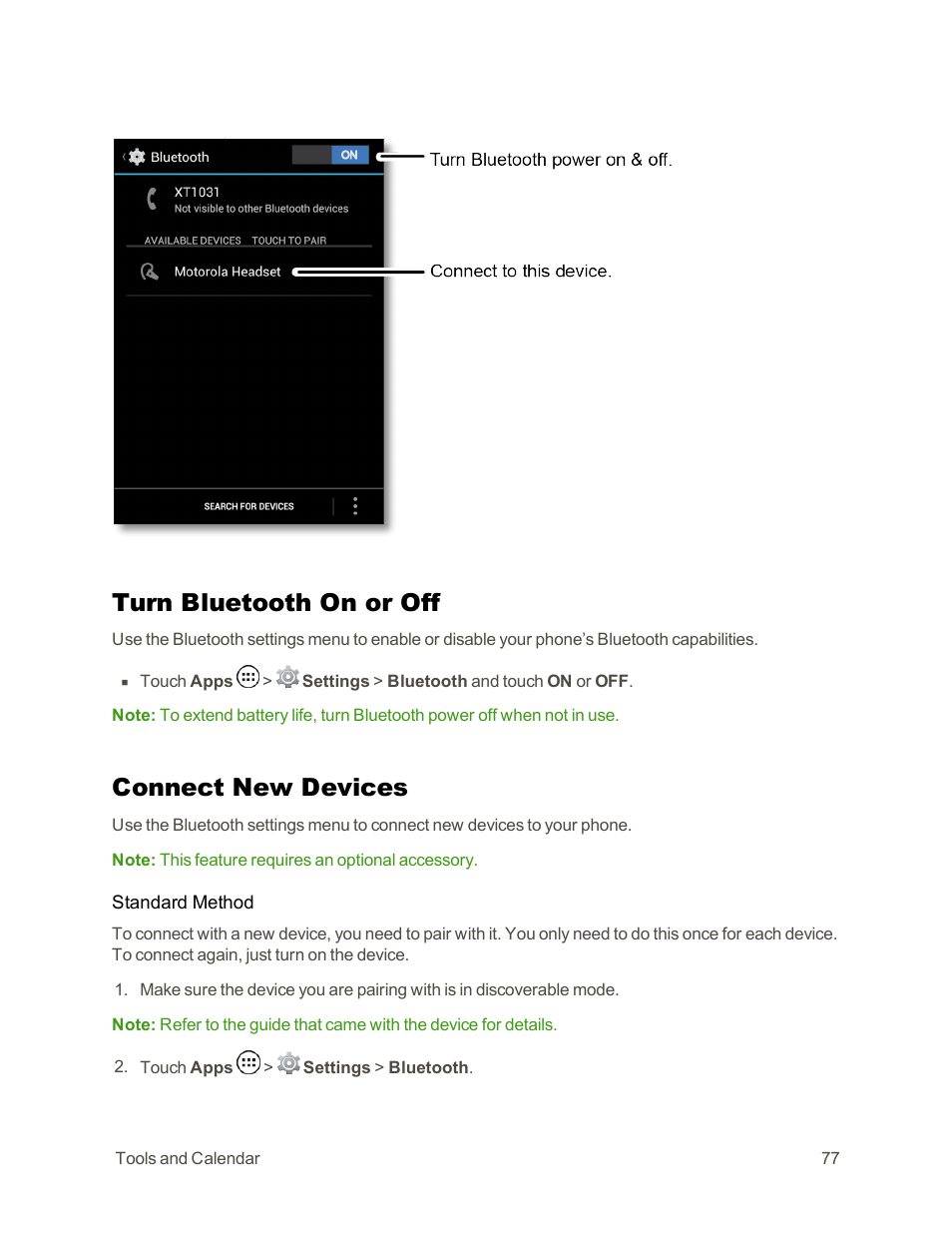 Turn bluetooth on or off, Connect new devices | Motorola moto G User Manual | Page 84 / 134