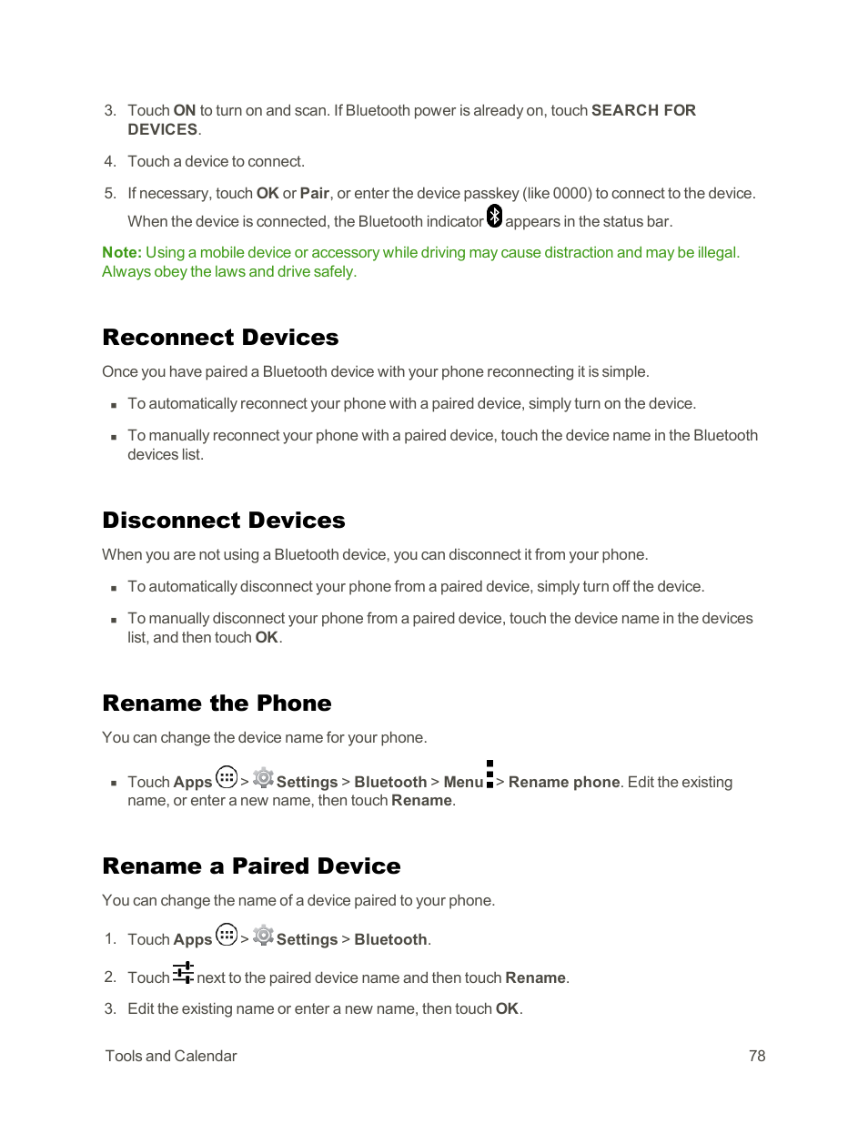 Reconnect devices, Disconnect devices, Rename the phone | Rename a paired device | Motorola moto G User Manual | Page 85 / 134