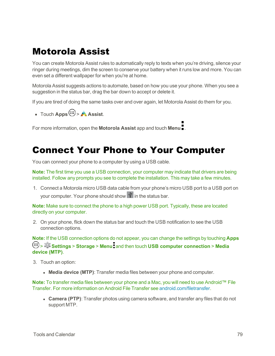 Motorola assist, Connect your phone to your computer | Motorola moto G User Manual | Page 86 / 134