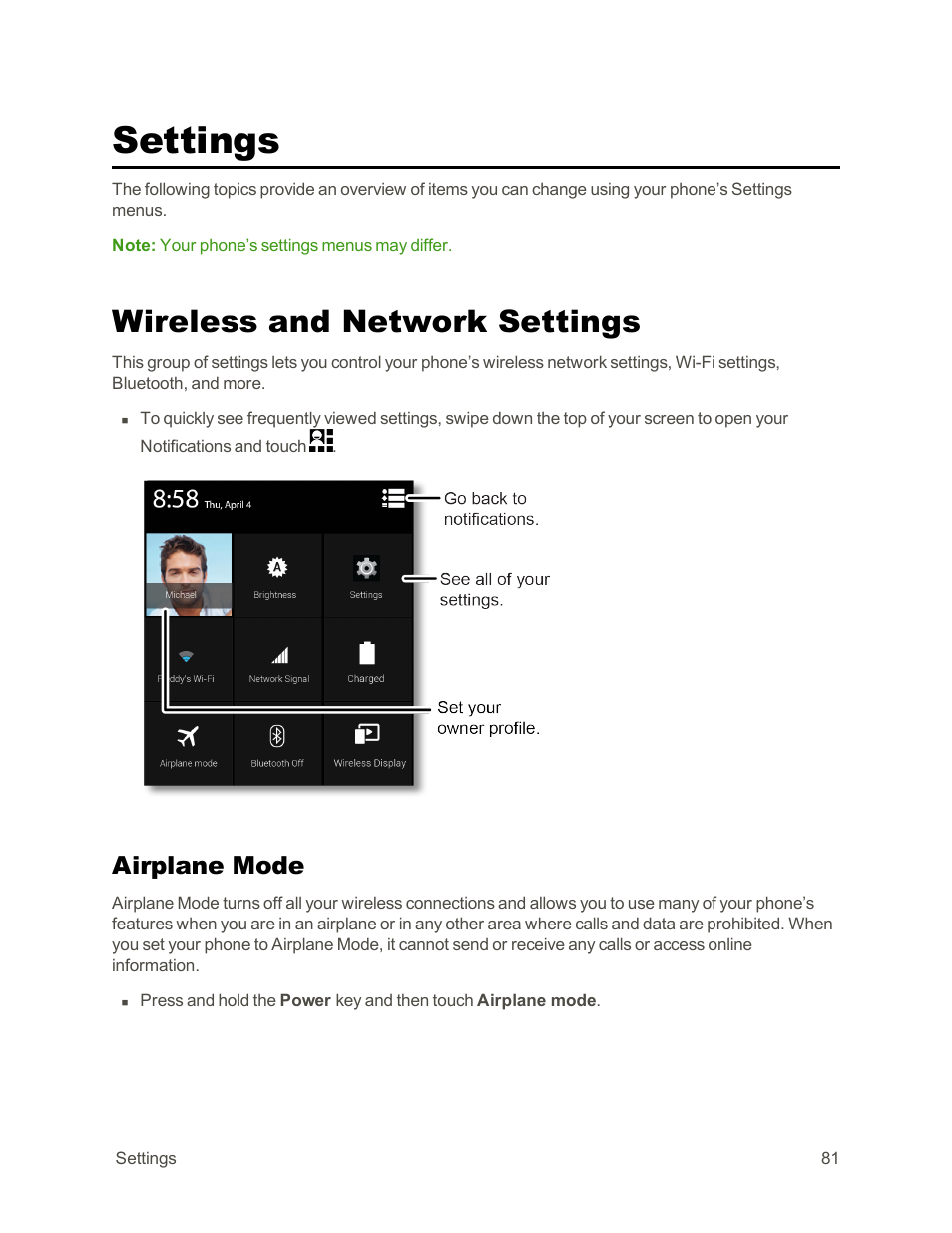 Settings, Wireless and network settings, Airplane mode | Motorola moto G User Manual | Page 88 / 134