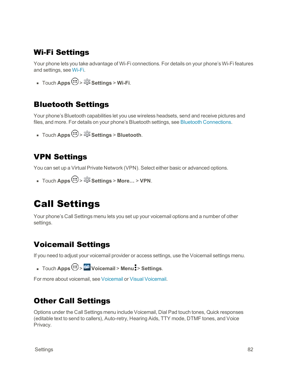 Wi-fi settings, Bluetooth settings, Vpn settings | Call settings, Voicemail settings, Other call settings | Motorola moto G User Manual | Page 89 / 134