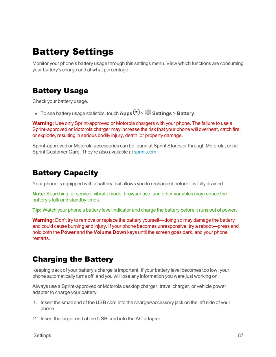 Battery settings, Battery usage, Battery capacity | Charging the battery | Motorola moto G User Manual | Page 94 / 134