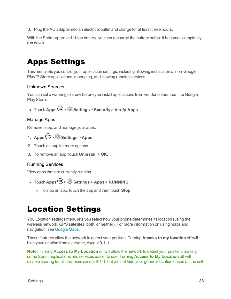Apps settings, Location settings | Motorola moto G User Manual | Page 95 / 134