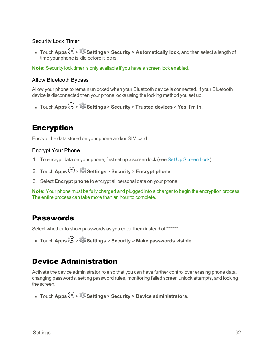 Encryption, Passwords, Device administration | Motorola moto G User Manual | Page 99 / 134