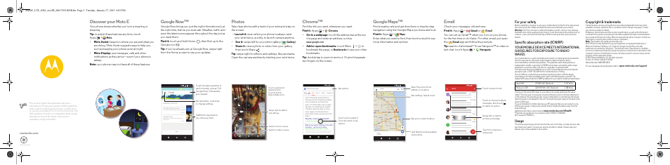 Discover your moto e, Google now, Photos | Chrome, Google maps, Email, For your safety, Specific absorption rate (icnirp), Usage, Copyright & trademarks | Motorola moto E User Manual | Page 2 / 2