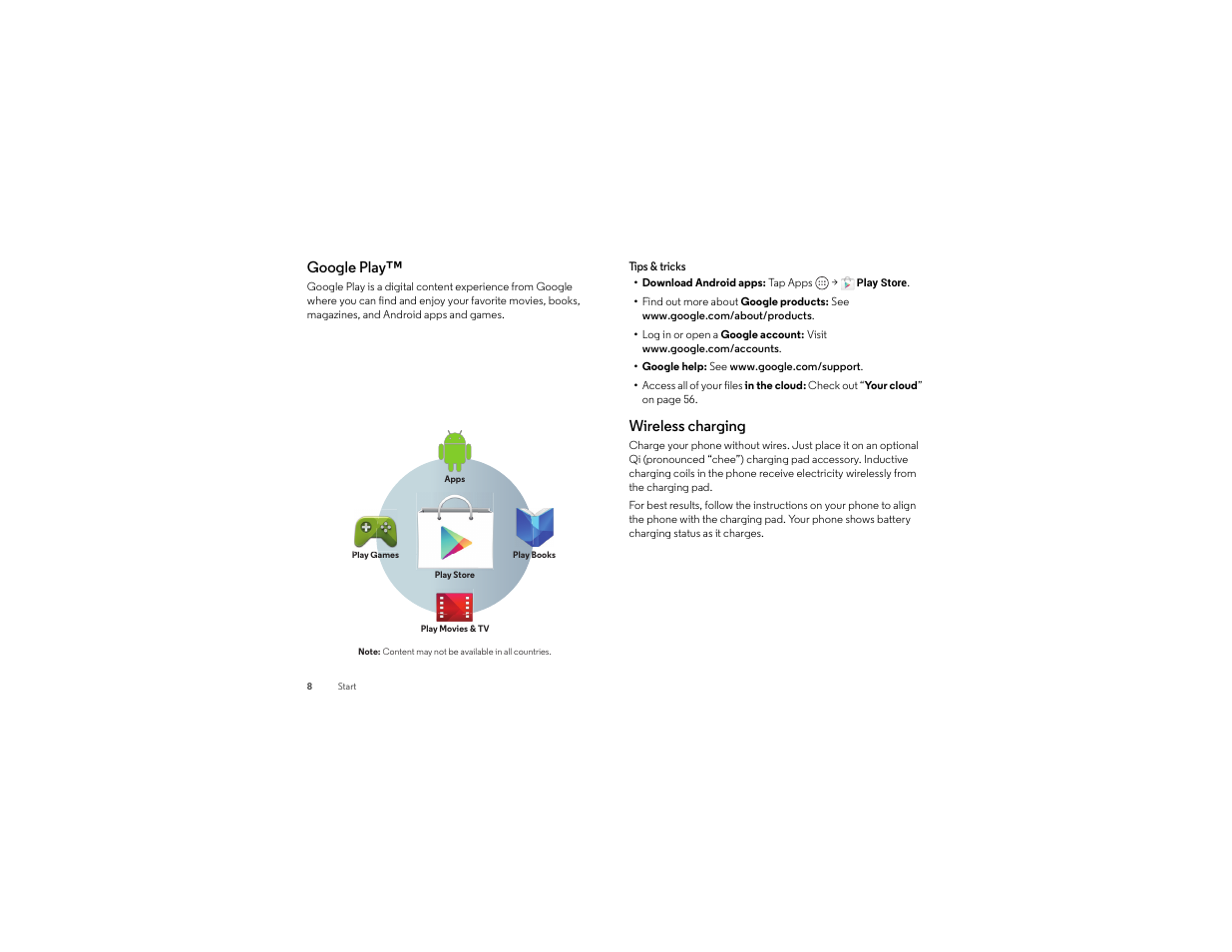 Google play, Wireless charging | Motorola Droid Turbo User Manual | Page 10 / 74