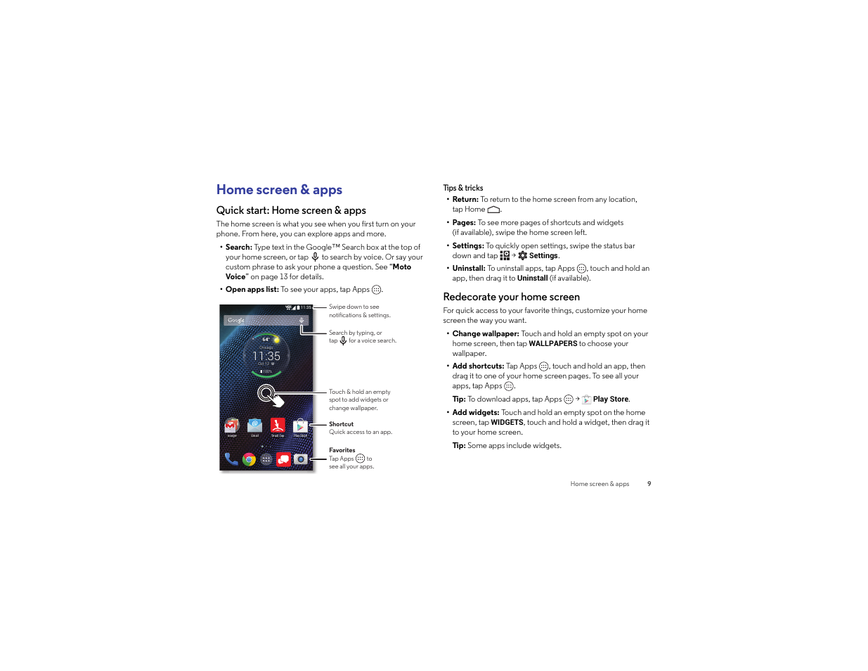 Home screen & apps, Quick start: home screen & apps, Redecorate your home screen | E “ redecorate your | Motorola Droid Turbo User Manual | Page 11 / 74