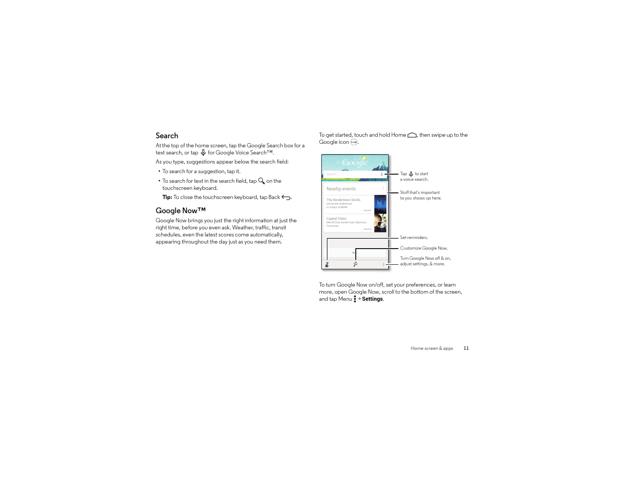 Search, Google now | Motorola Droid Turbo User Manual | Page 13 / 74