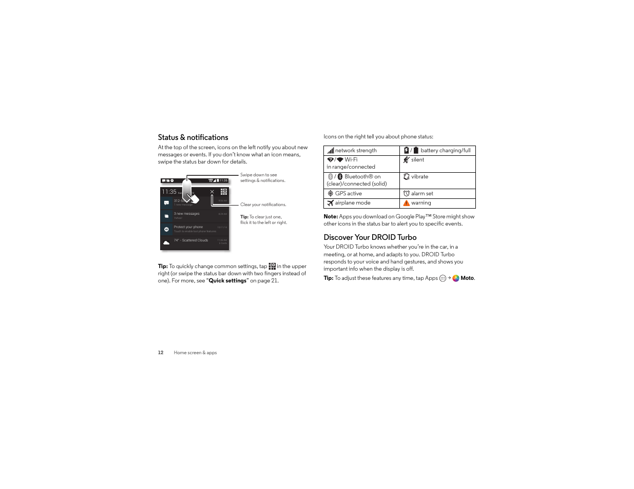 Status & notifications, Discover your droid turbo | Motorola Droid Turbo User Manual | Page 14 / 74