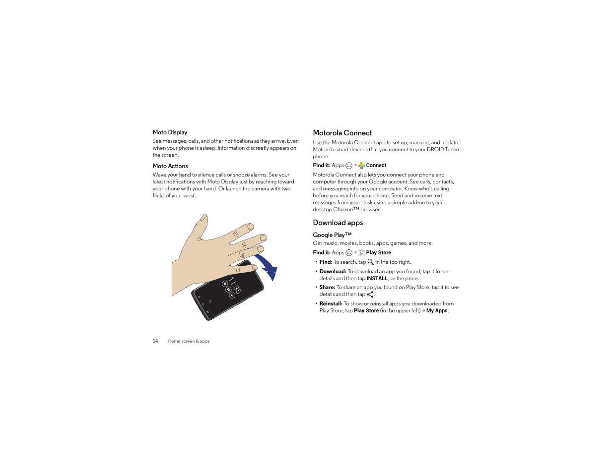 Motorola connect, Download apps | Motorola Droid Turbo User Manual | Page 16 / 74