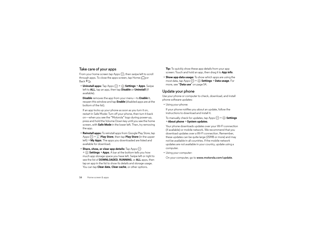 Take care of your apps, Update your phone | Motorola Droid Turbo User Manual | Page 18 / 74