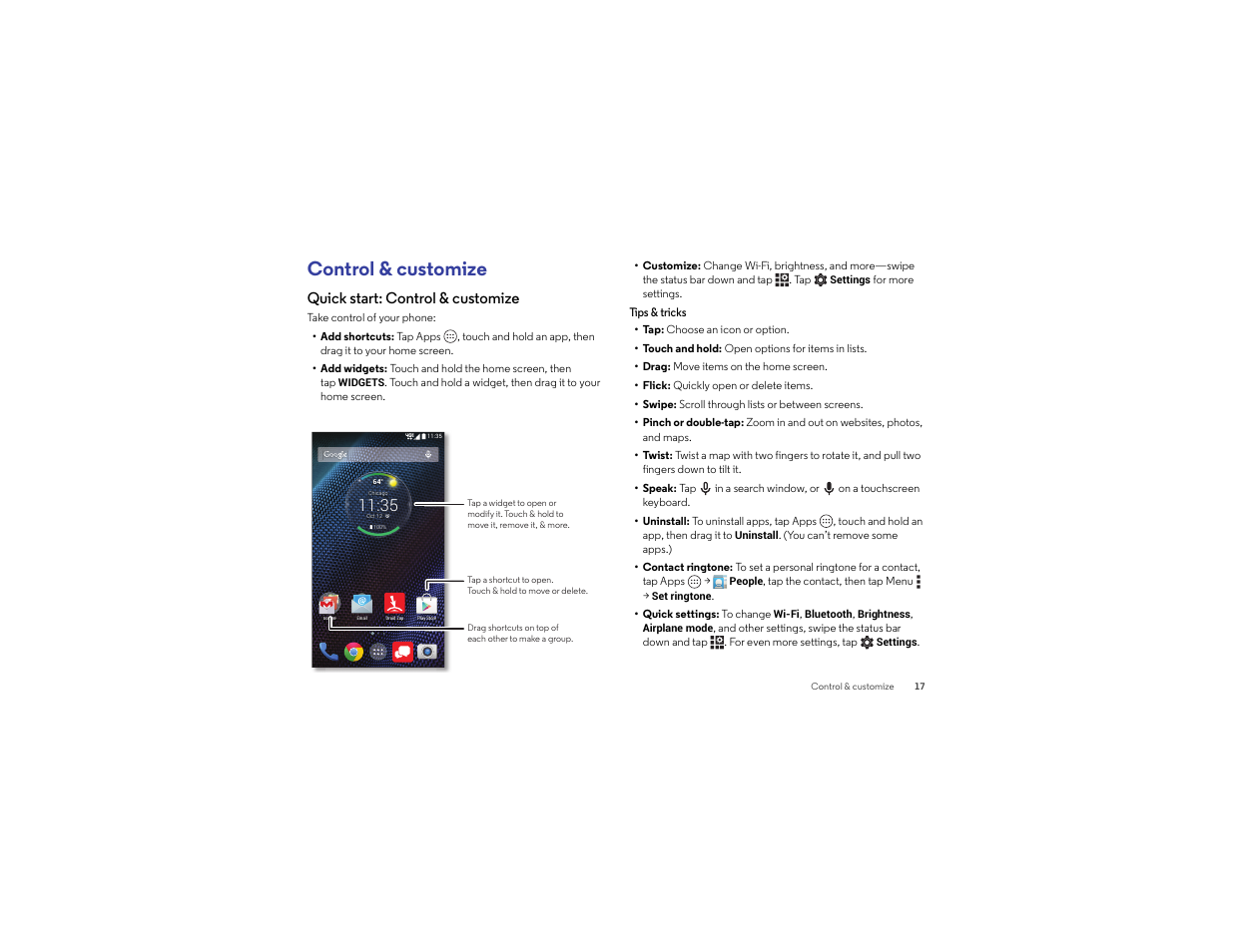 Control & customize, Quick start: control & customize | Motorola Droid Turbo User Manual | Page 19 / 74