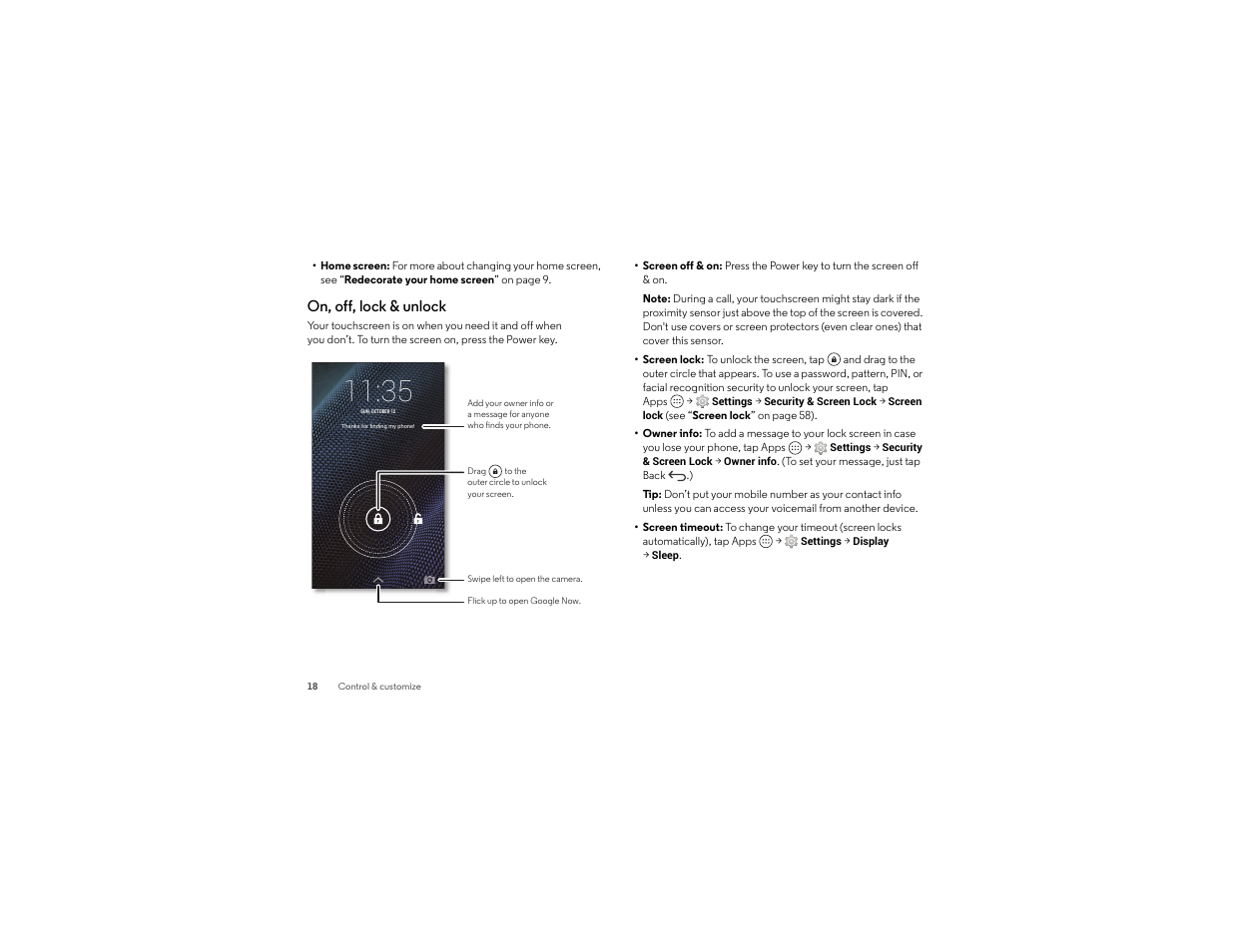 On, off, lock & unlock | Motorola Droid Turbo User Manual | Page 20 / 74