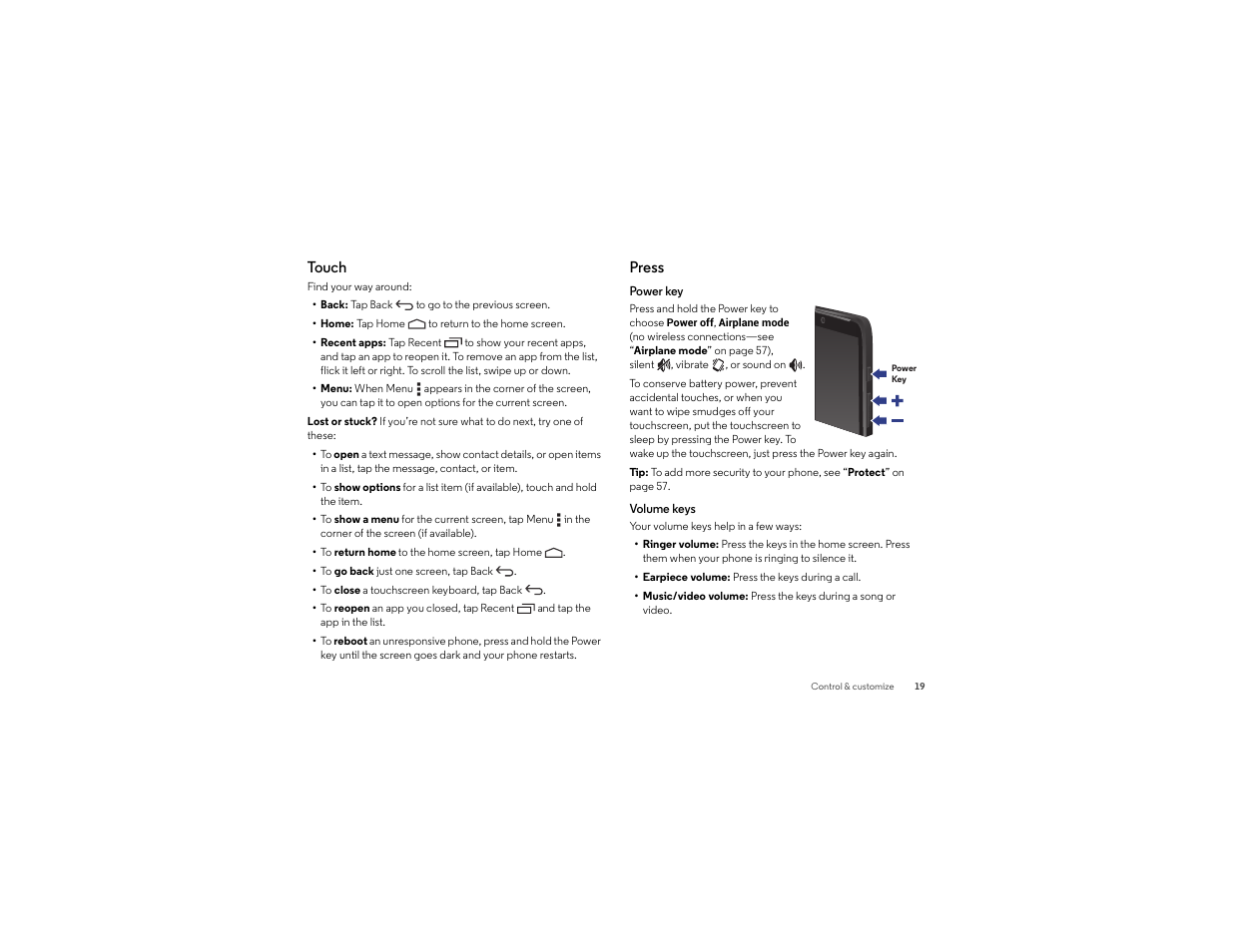 Touch, Press | Motorola Droid Turbo User Manual | Page 21 / 74