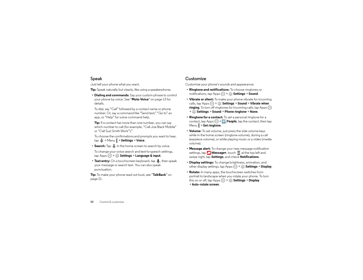 Speak, Customize | Motorola Droid Turbo User Manual | Page 22 / 74