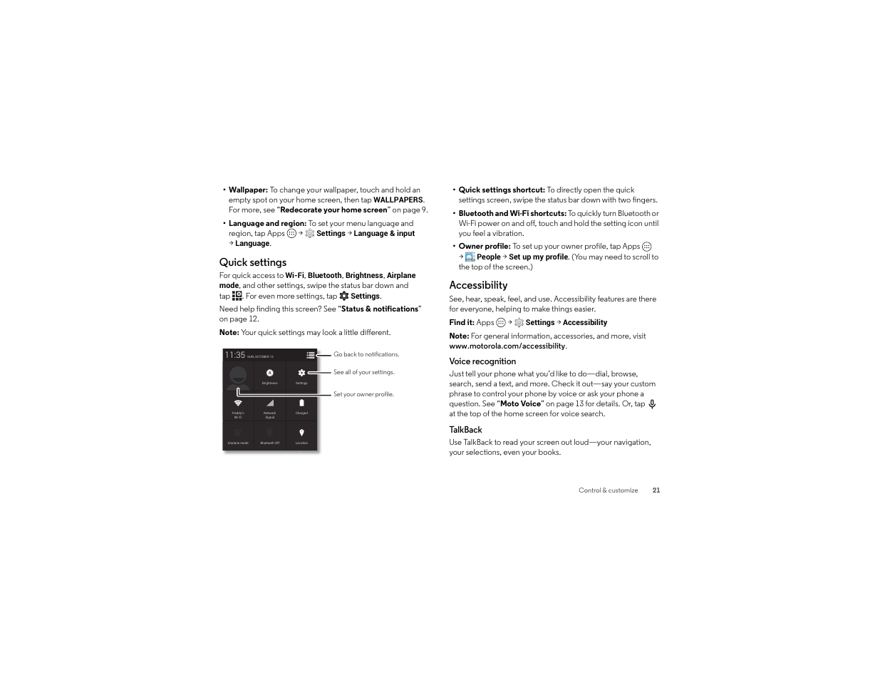 Quick settings, Accessibility | Motorola Droid Turbo User Manual | Page 23 / 74