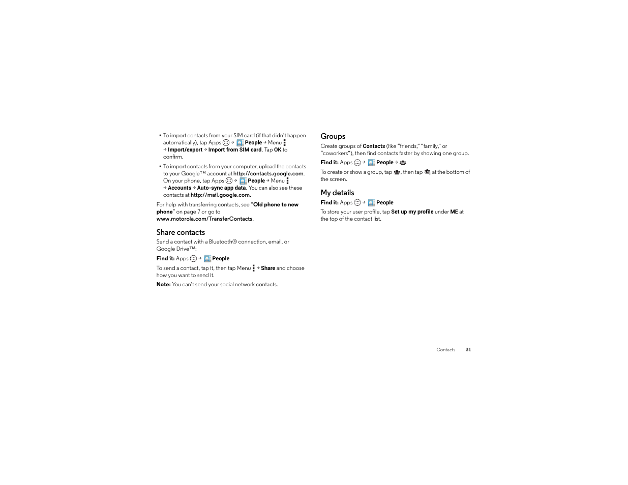 Share contacts, Groups, My details | Motorola Droid Turbo User Manual | Page 33 / 74