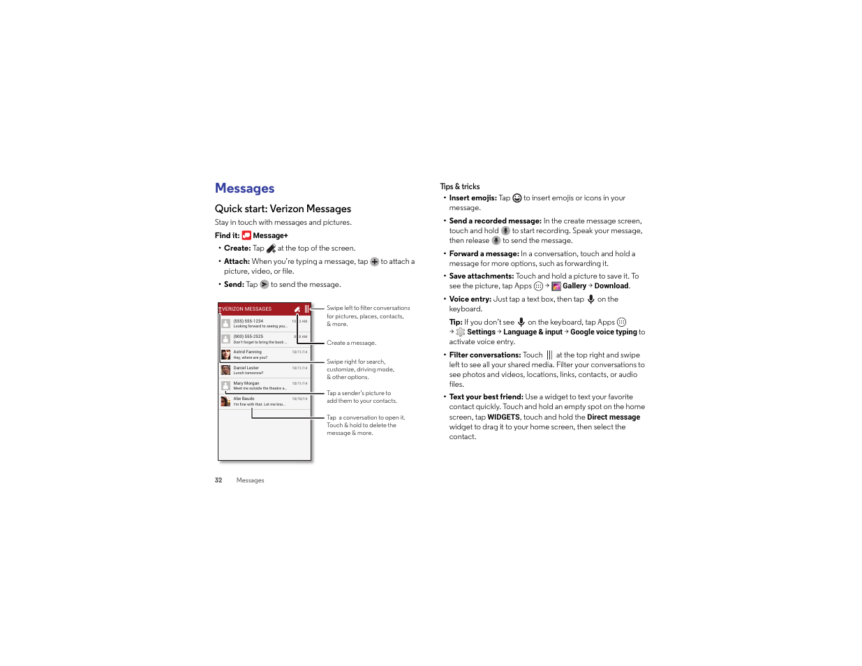 Messages, Quick start: verizon messages | Motorola Droid Turbo User Manual | Page 34 / 74