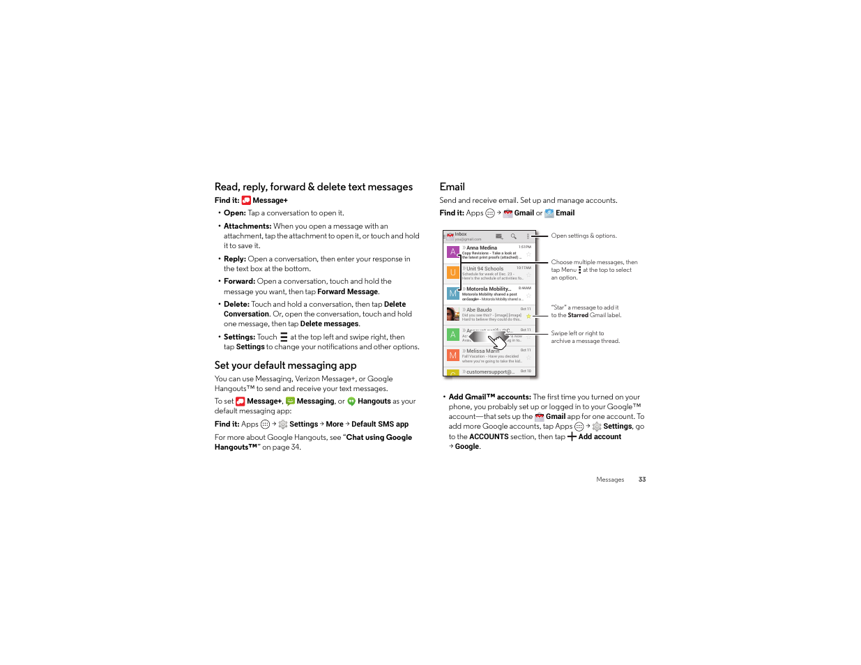 Read, reply, forward & delete text messages, Set your default messaging app, Email | Motorola Droid Turbo User Manual | Page 35 / 74