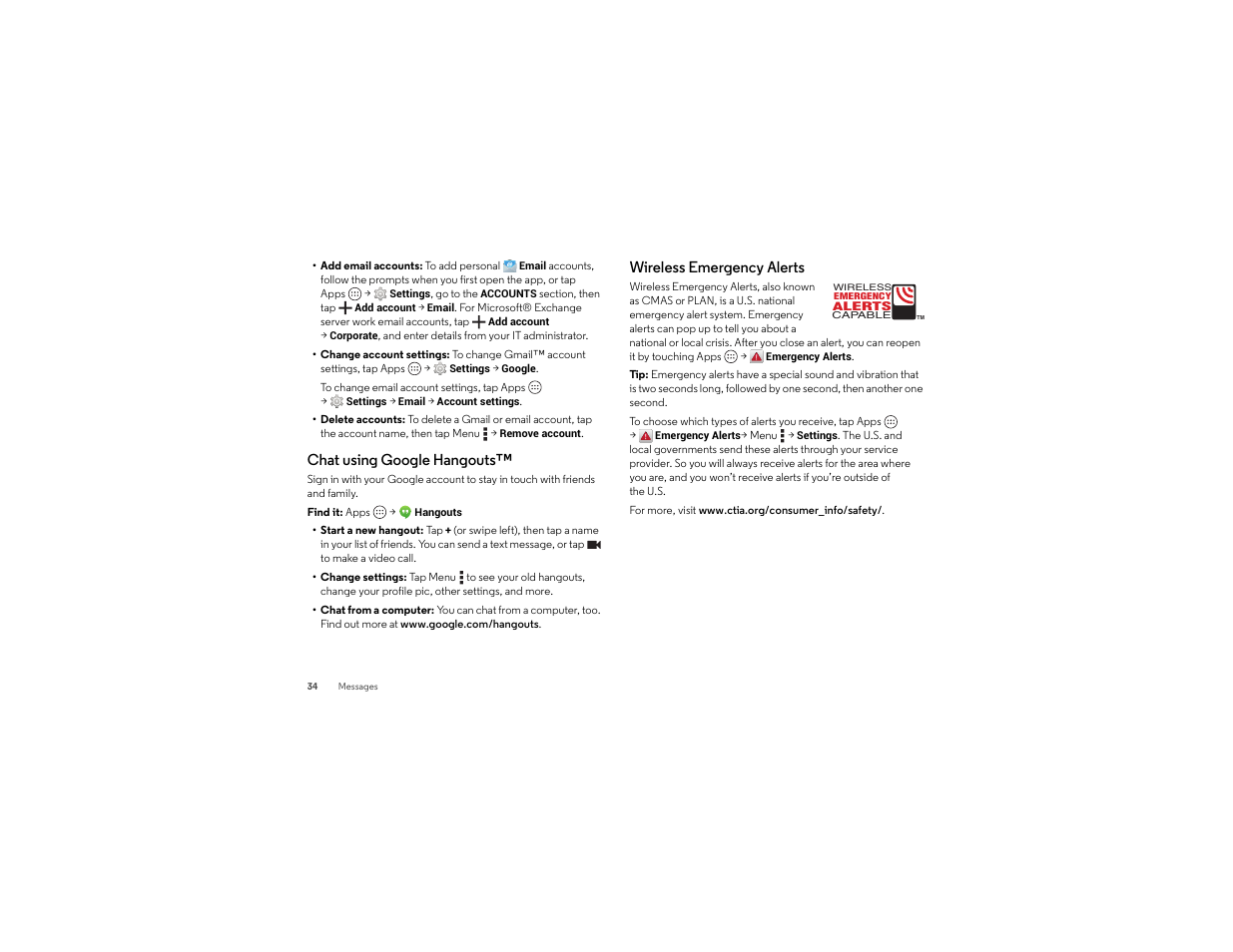 Chat using google hangouts, Wireless emergency alerts | Motorola Droid Turbo User Manual | Page 36 / 74