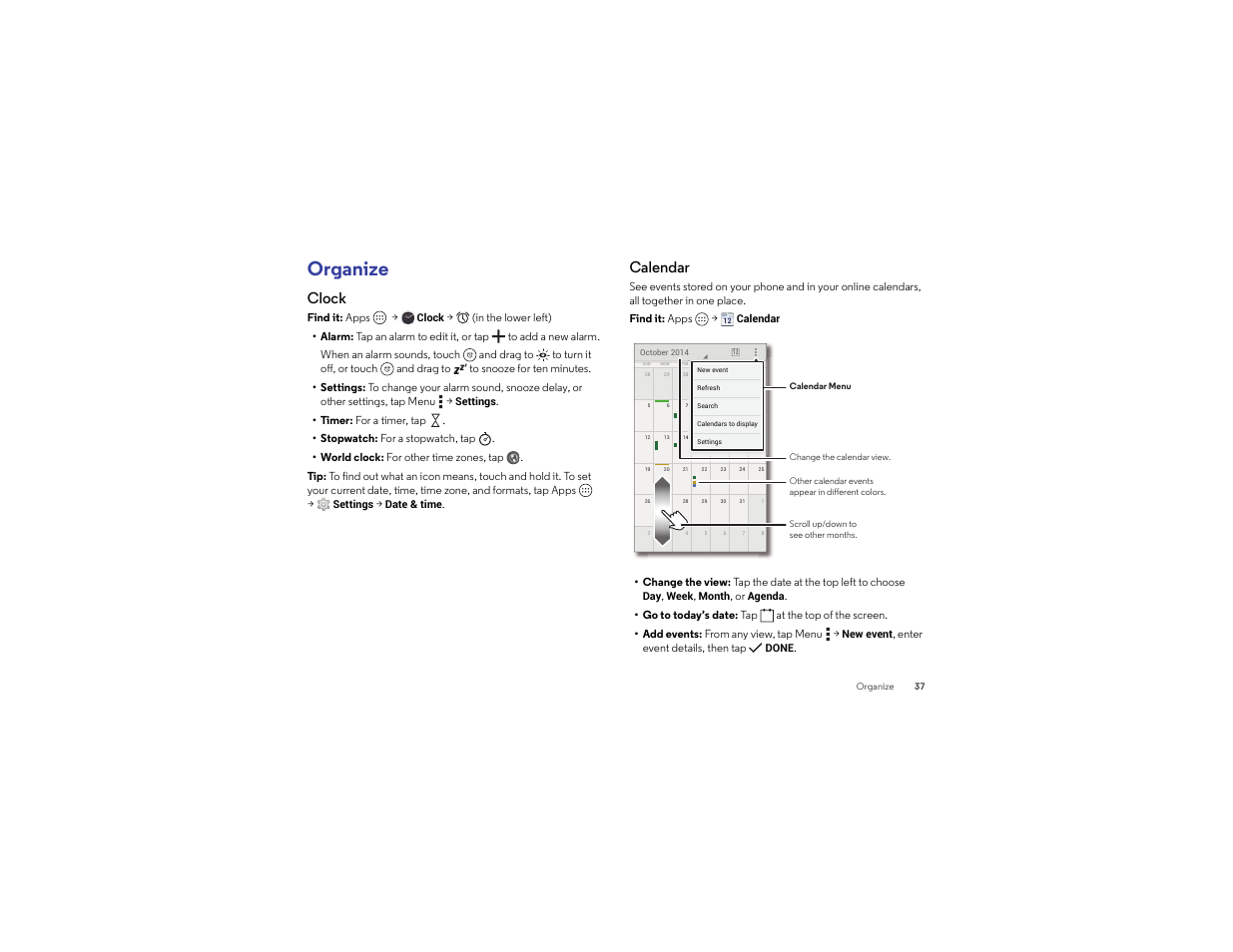 Organize, Clock, Calendar | Motorola Droid Turbo User Manual | Page 39 / 74