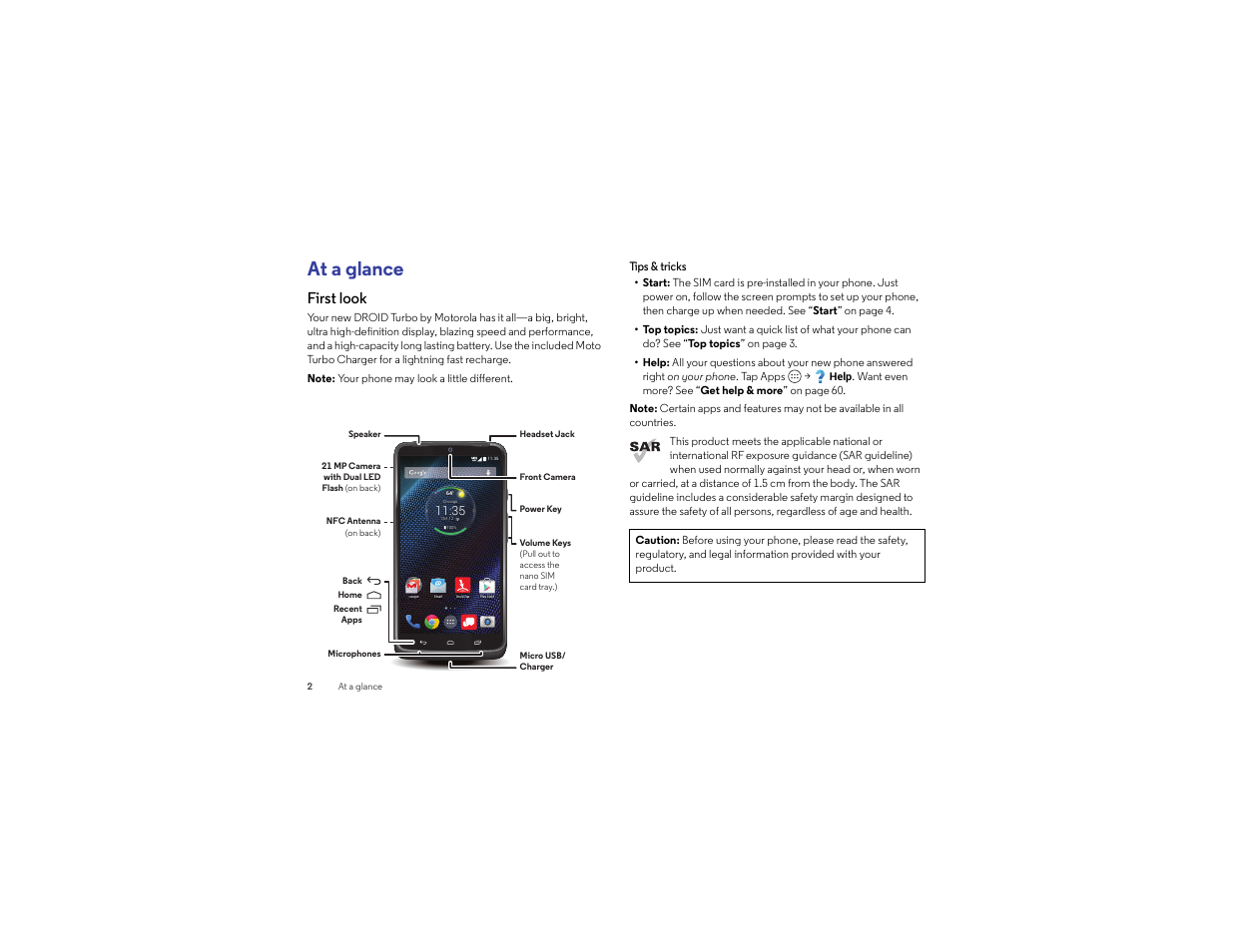 At a glance, First look | Motorola Droid Turbo User Manual | Page 4 / 74