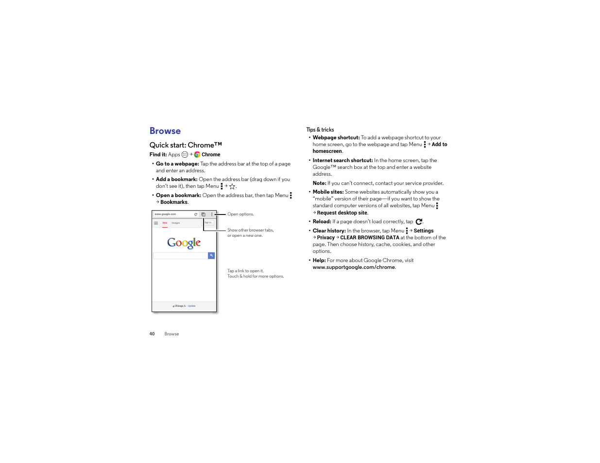 Browse, Quick start: chrome | Motorola Droid Turbo User Manual | Page 42 / 74