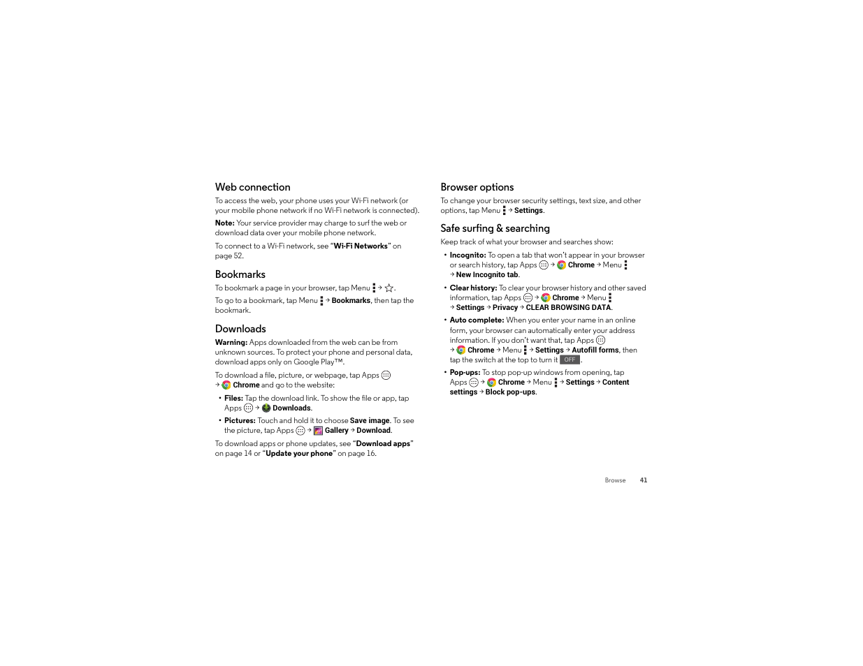 Web connection, Bookmarks, Downloads | Browser options, Safe surfing & searching | Motorola Droid Turbo User Manual | Page 43 / 74