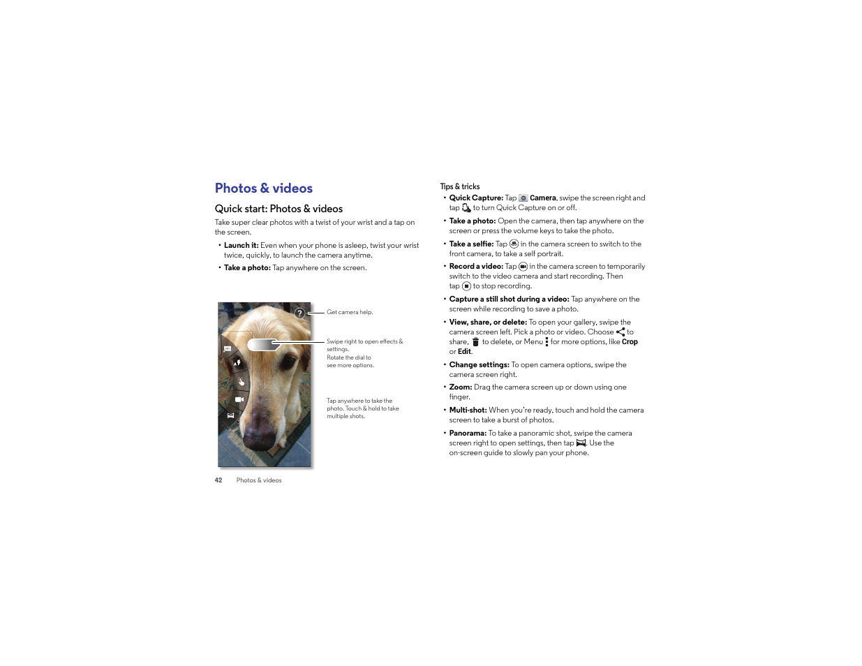Photos & videos, Quick start: photos & videos | Motorola Droid Turbo User Manual | Page 44 / 74