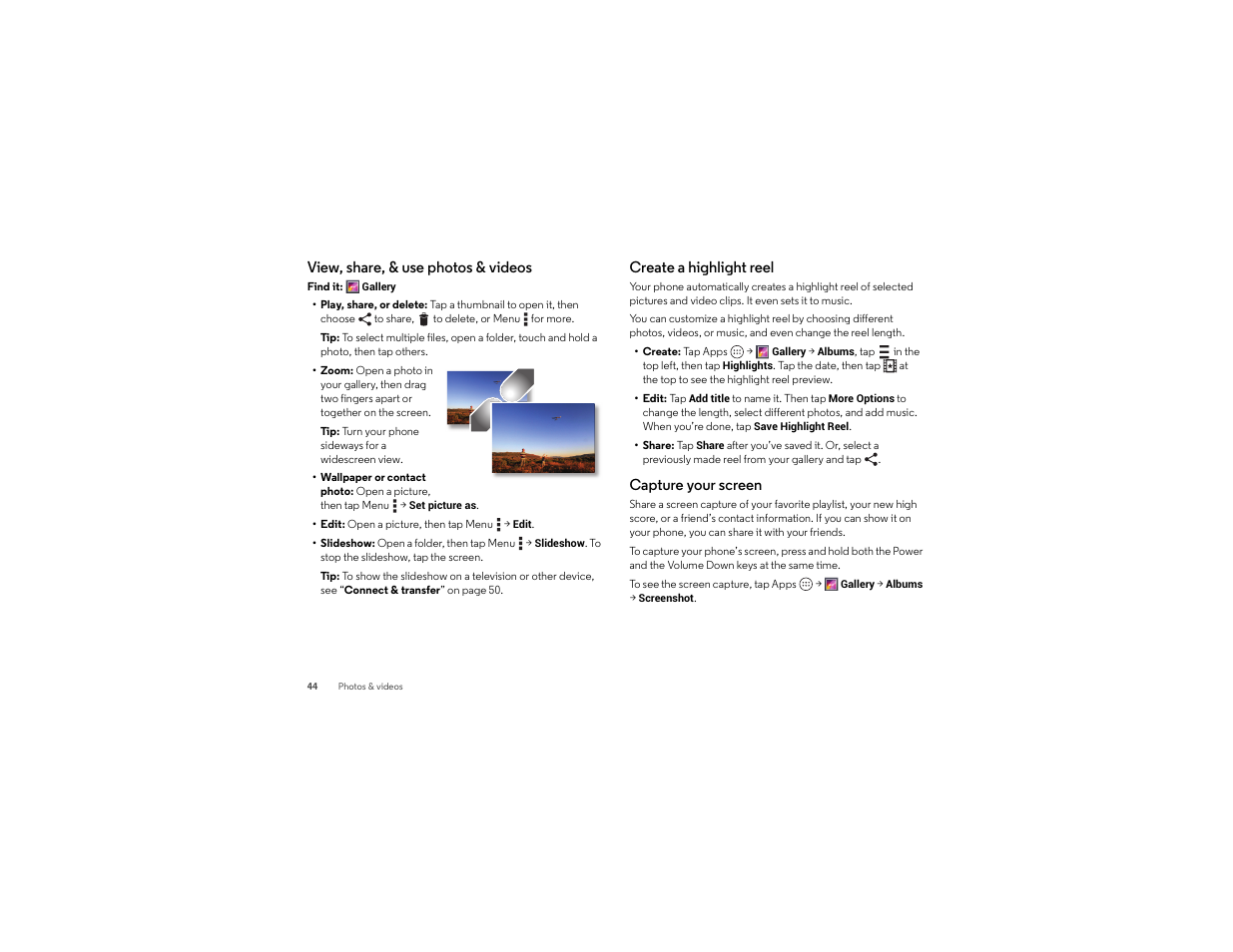 View, share, & use photos & videos, Create a highlight reel, Capture your screen | Motorola Droid Turbo User Manual | Page 46 / 74