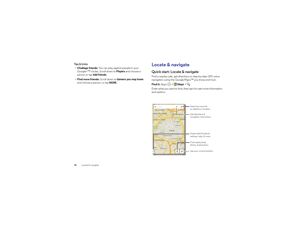 Locate & navigate, Quick start: locate & navigate | Motorola Droid Turbo User Manual | Page 50 / 74