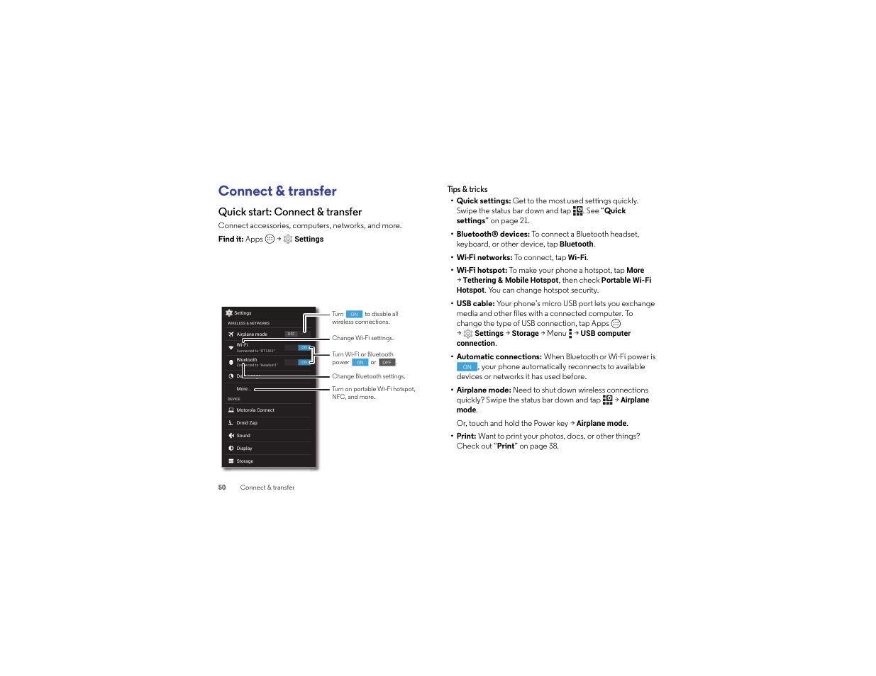 Connect & transfer, Quick start: connect & transfer | Motorola Droid Turbo User Manual | Page 52 / 74