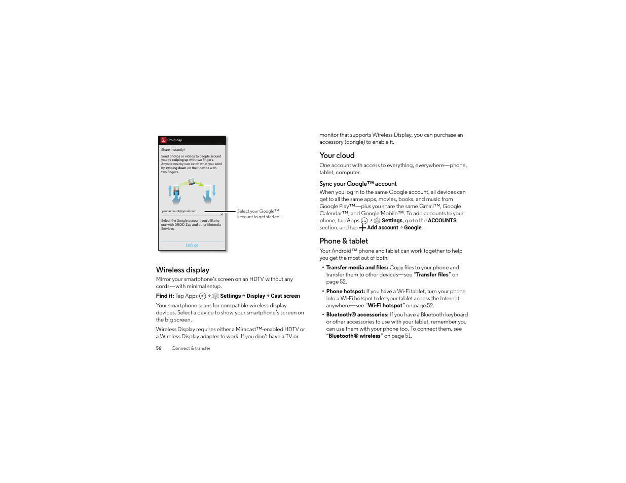 Wireless display, Your cloud, Phone & tablet | Motorola Droid Turbo User Manual | Page 58 / 74