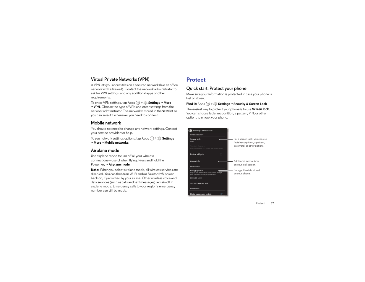 Virtual private networks (vpn), Mobile network, Airplane mode | Protect, Quick start: protect your phone | Motorola Droid Turbo User Manual | Page 59 / 74