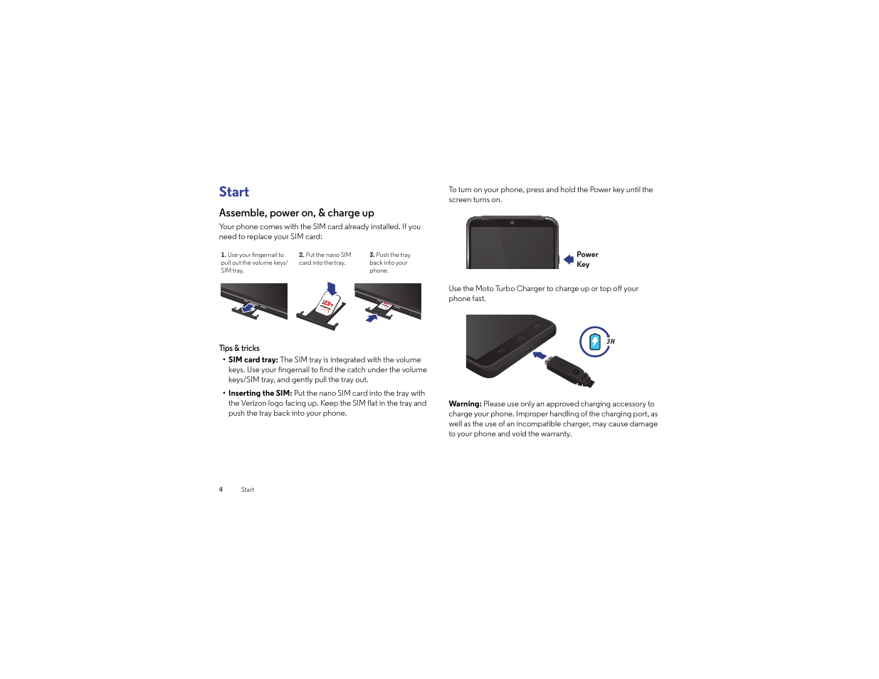 Start, Assemble, power on, & charge up | Motorola Droid Turbo User Manual | Page 6 / 74