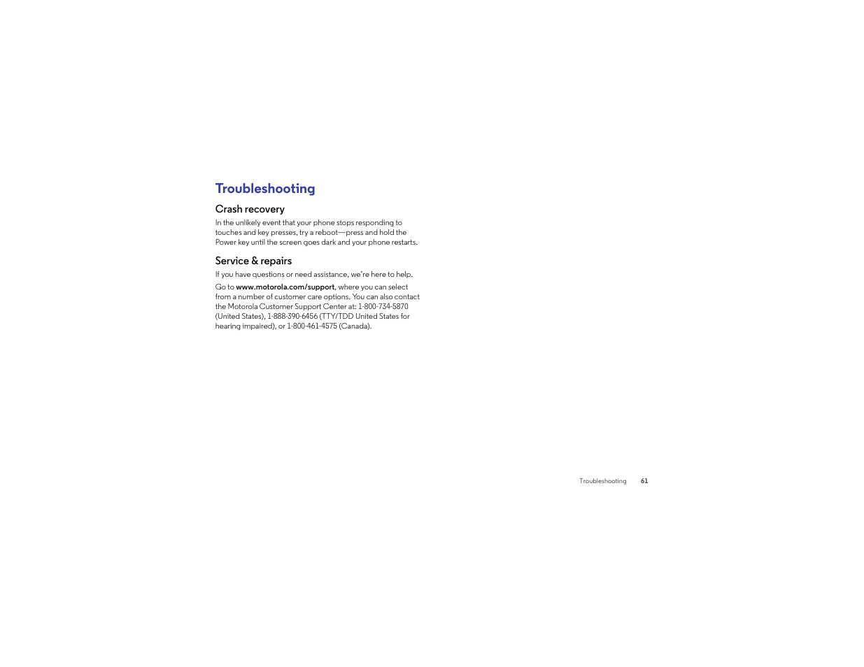 Troubleshooting, Crash recovery, Service & repairs | Motorola Droid Turbo User Manual | Page 63 / 74