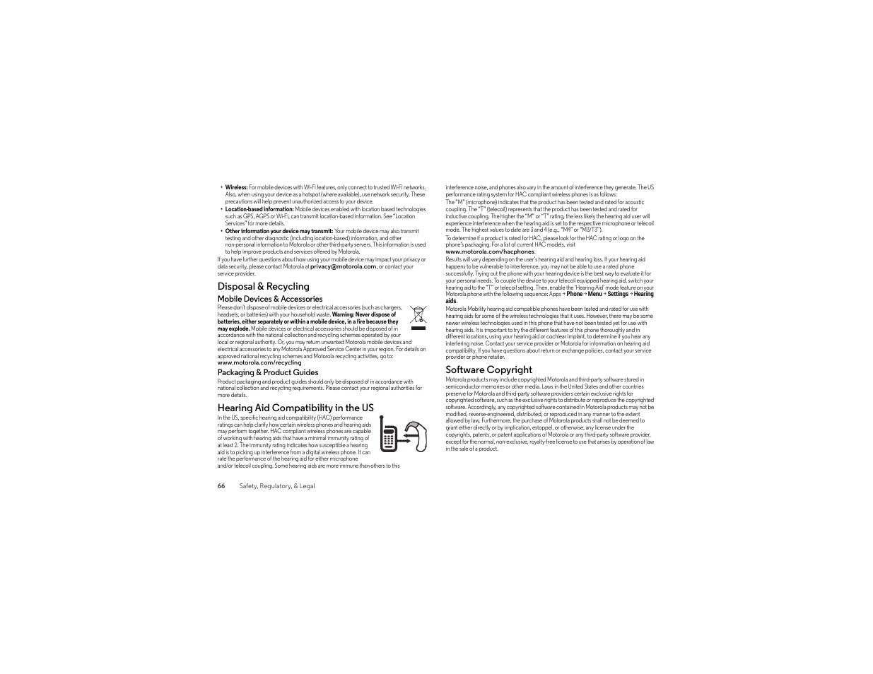 Disposal & recycling, Hearing aid compatibility in the us, Software copyright | Motorola Droid Turbo User Manual | Page 68 / 74