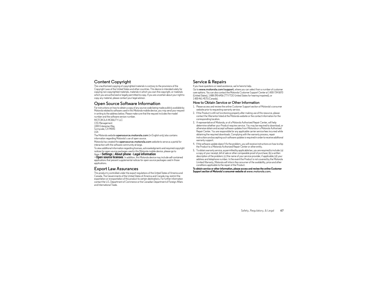 Content copyright, Open source software information, Export law assurances | Service & repairs | Motorola Droid Turbo User Manual | Page 69 / 74