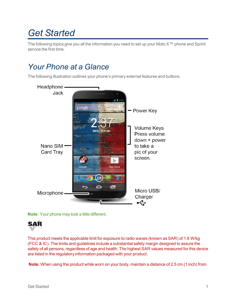 Get started, Your phone at a glance | Motorola moto x User Manual | Page 10 / 149