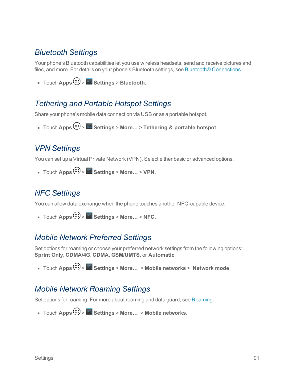 Bluetooth settings, Tethering and portable hotspot settings, Vpn settings | Nfc settings, Mobile network preferred settings, Mobile network roaming settings | Motorola moto x User Manual | Page 100 / 149