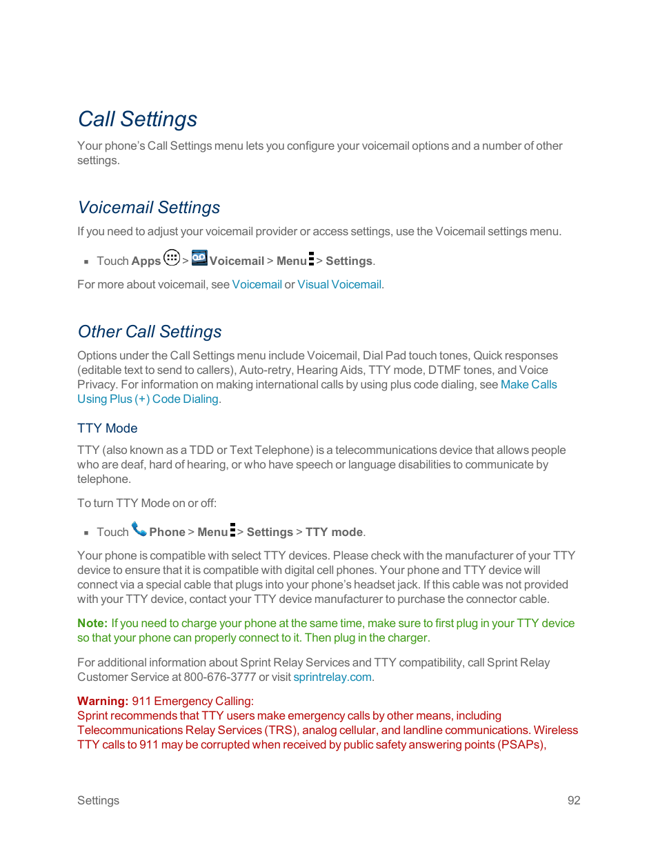 Call settings, Voicemail settings, Other call settings | Motorola moto x User Manual | Page 101 / 149