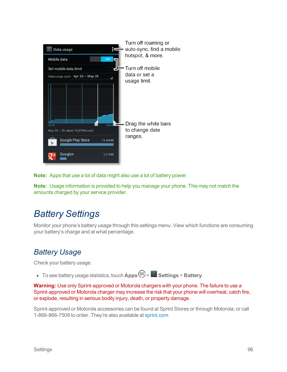 Battery settings, Battery usage | Motorola moto x User Manual | Page 105 / 149